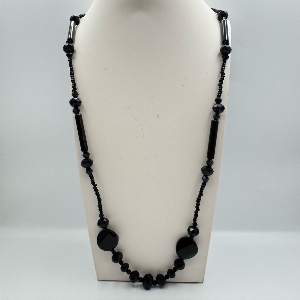 Long Black Glass Beaded Necklace Faceted Beads Minimalist Long Classic
